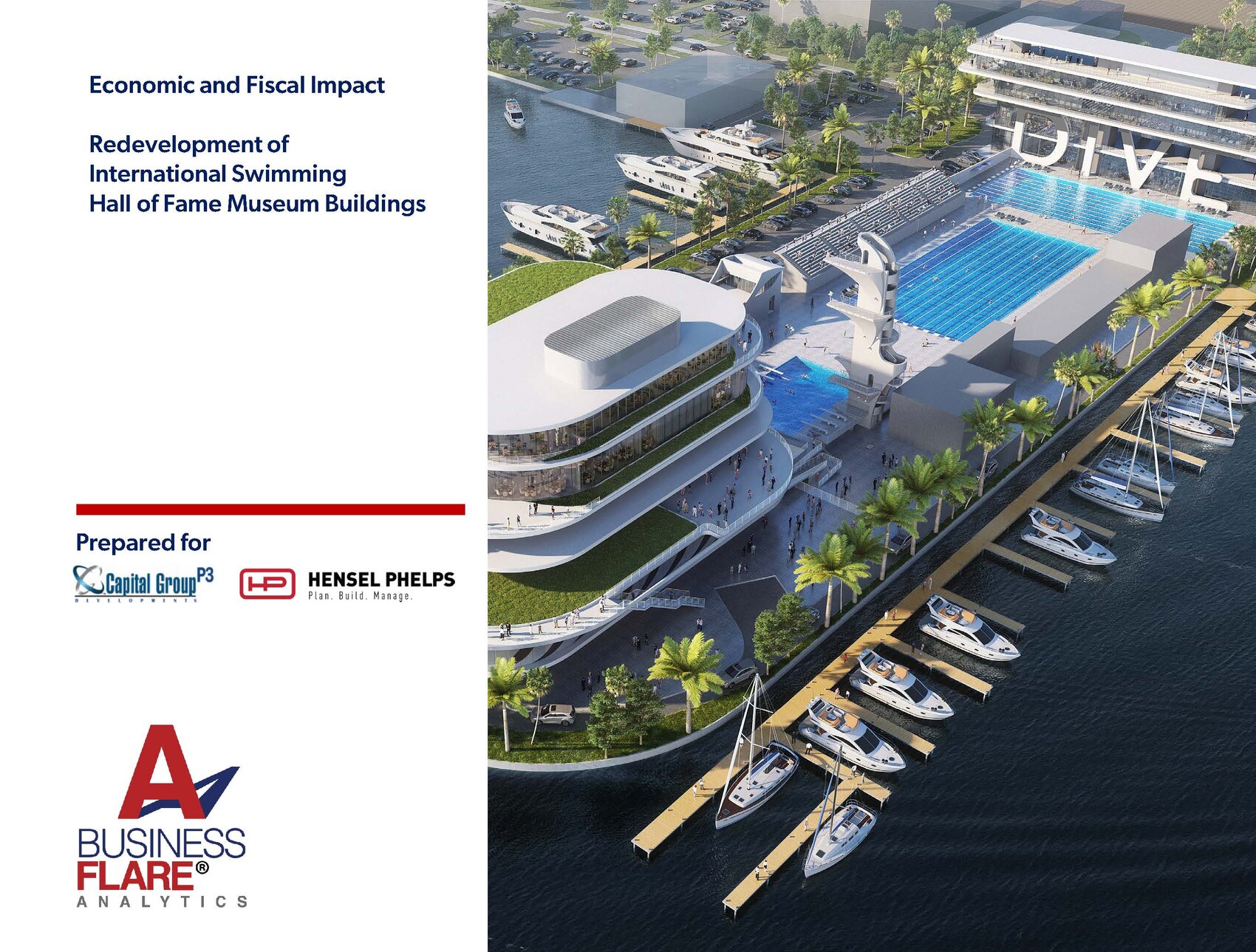Aerial rendering of the redeveloped International Swimming Hall of Fame aquatic complex on Fort Lauderdale's waterfront — competition pool and dive tower, museum and event buildings, public promenade, and marina. Concept rendering.